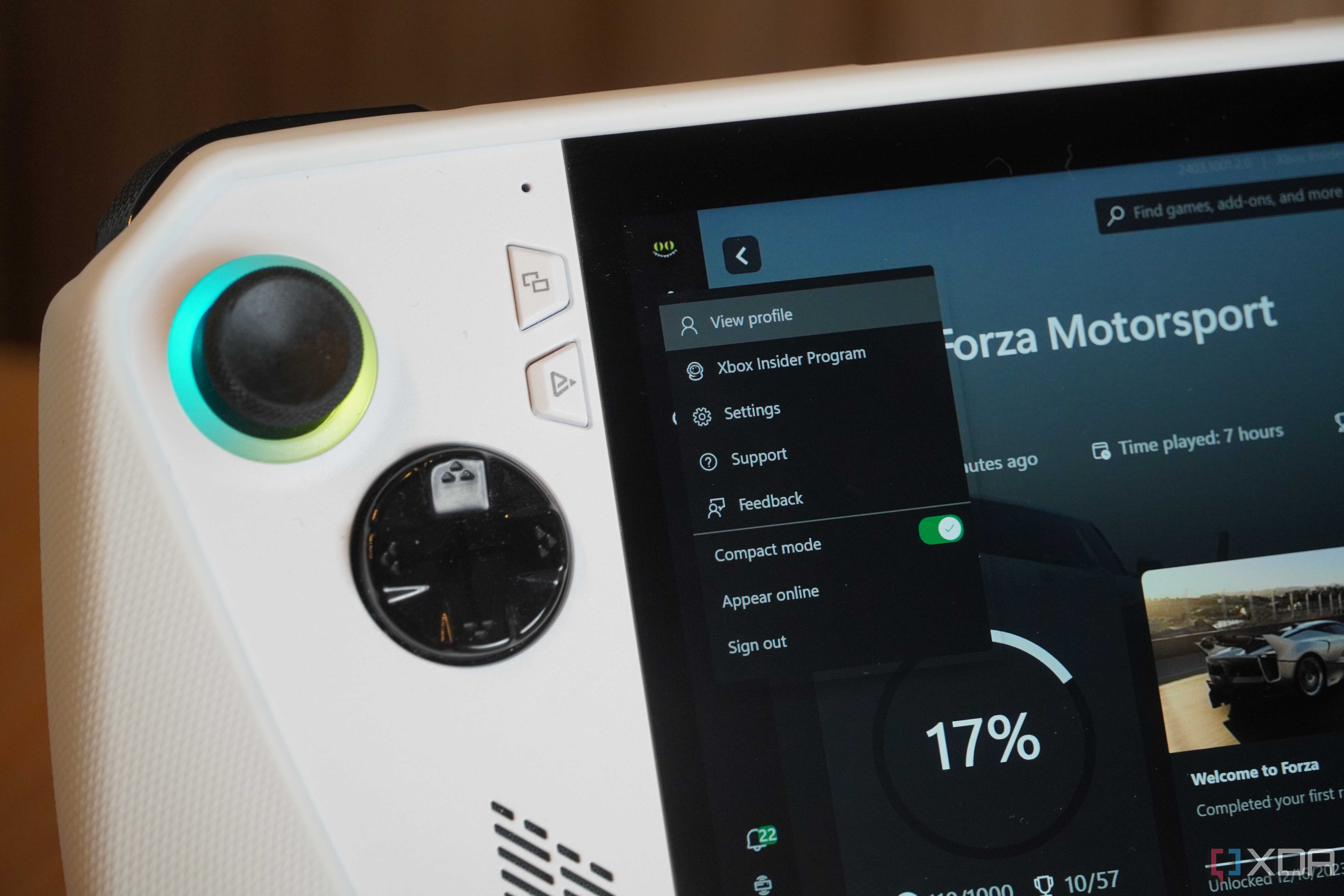 Compact mode and Xbox Insider tabs in the Xbox app on an ROG Ally.