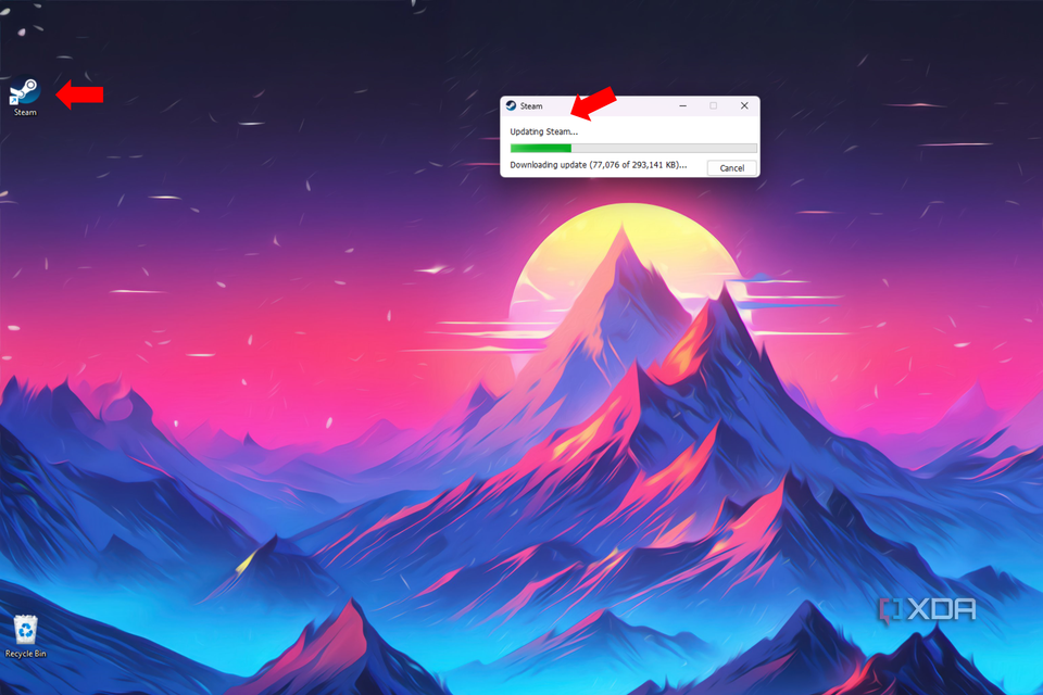 A vibrant bdesktop with an arrow pointing to the Steam application