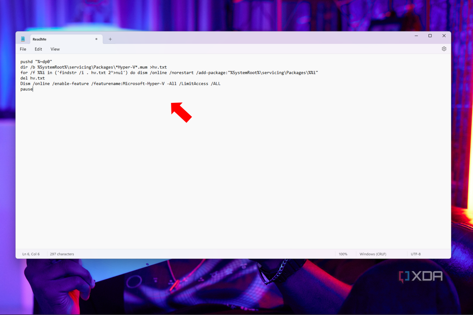 The Windows Notepad open with code on the page