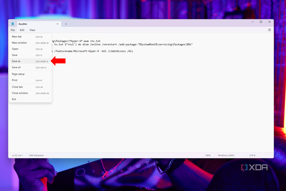 The Save as option in Windows Notepad