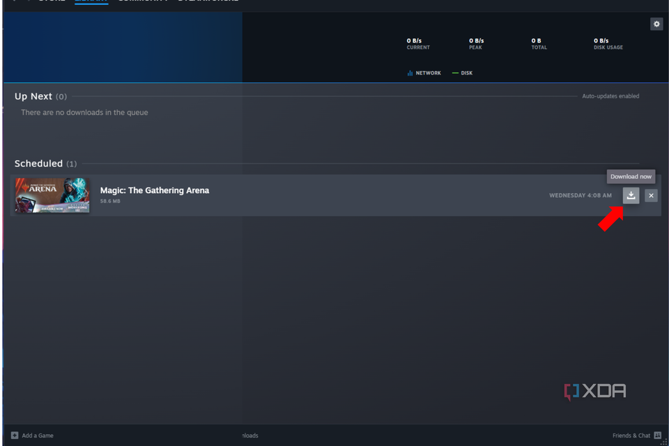 An arrow pointing to the download now button on steam