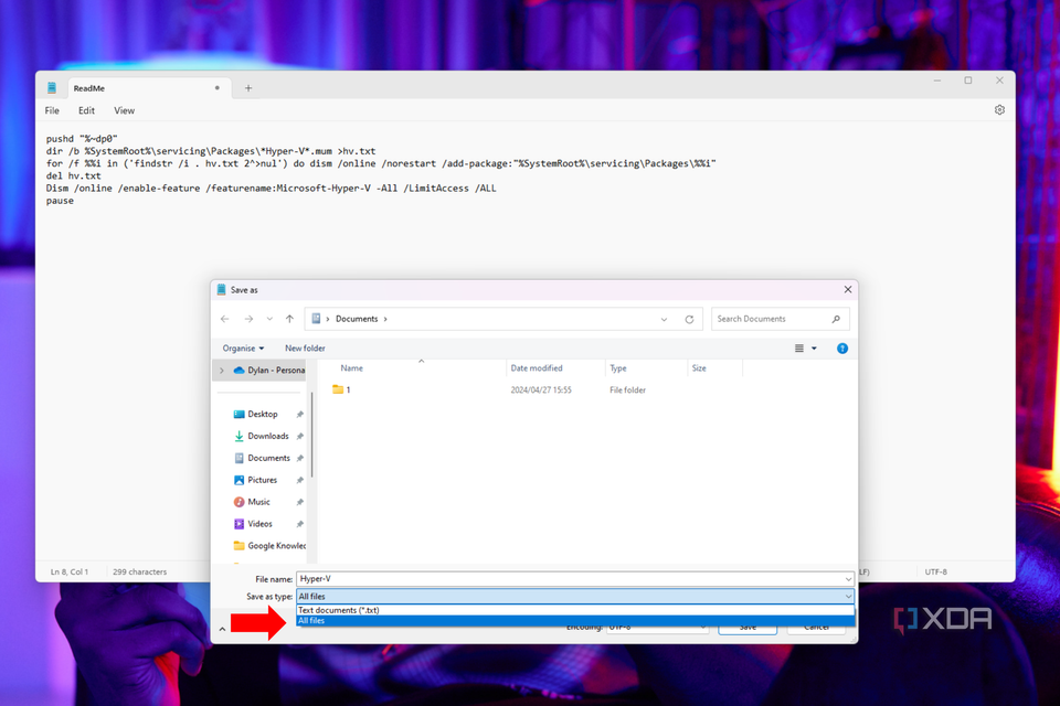 The Save as type dropdown menu in the Notepad's menu