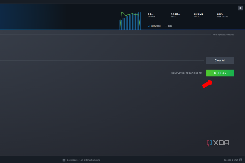 An arrow pointing to the Play button on the Steam downloads page