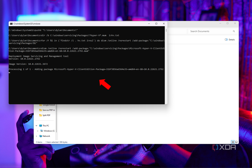 A Windows terminal box which is installing Hyper-V