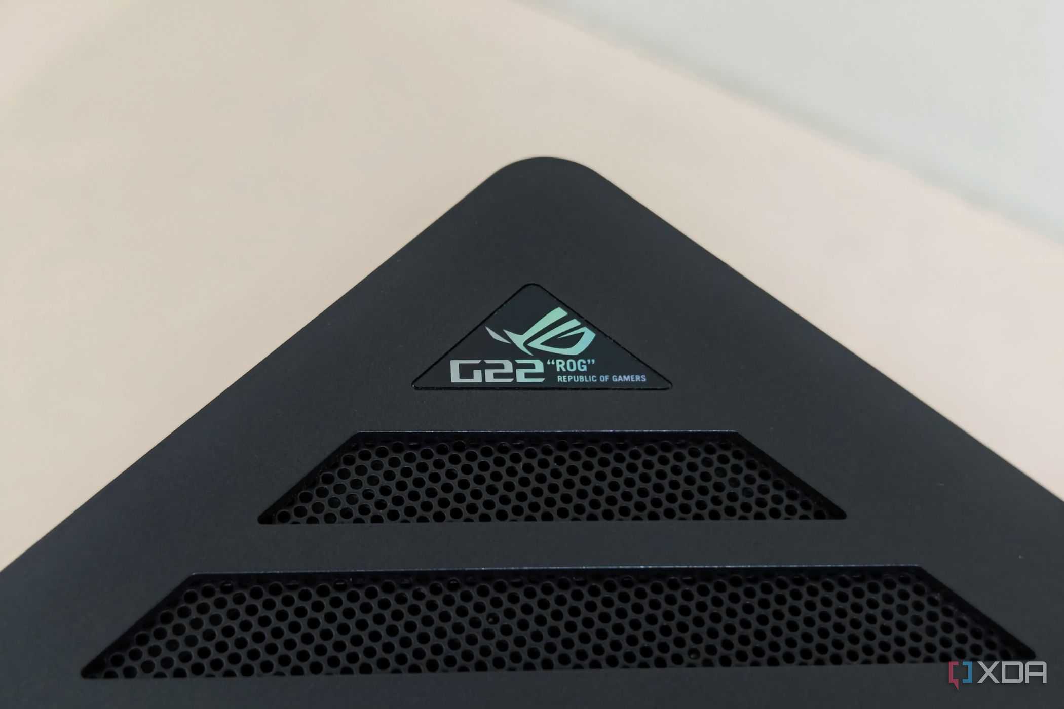 An image showing the close up of the G22 branding on the ROG G22CH SFF desktop.