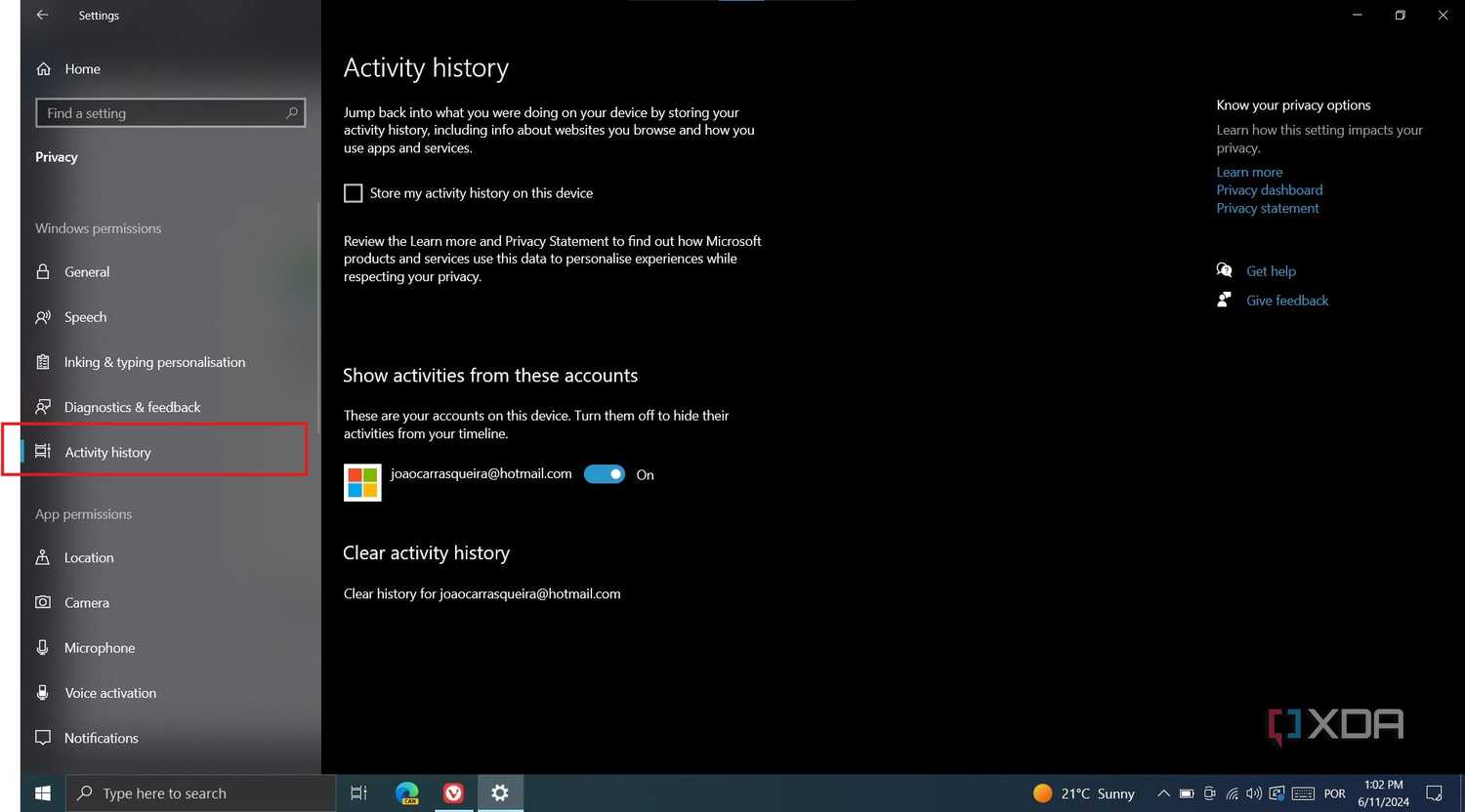 Screenshot of the activity history settings page on Windows 10