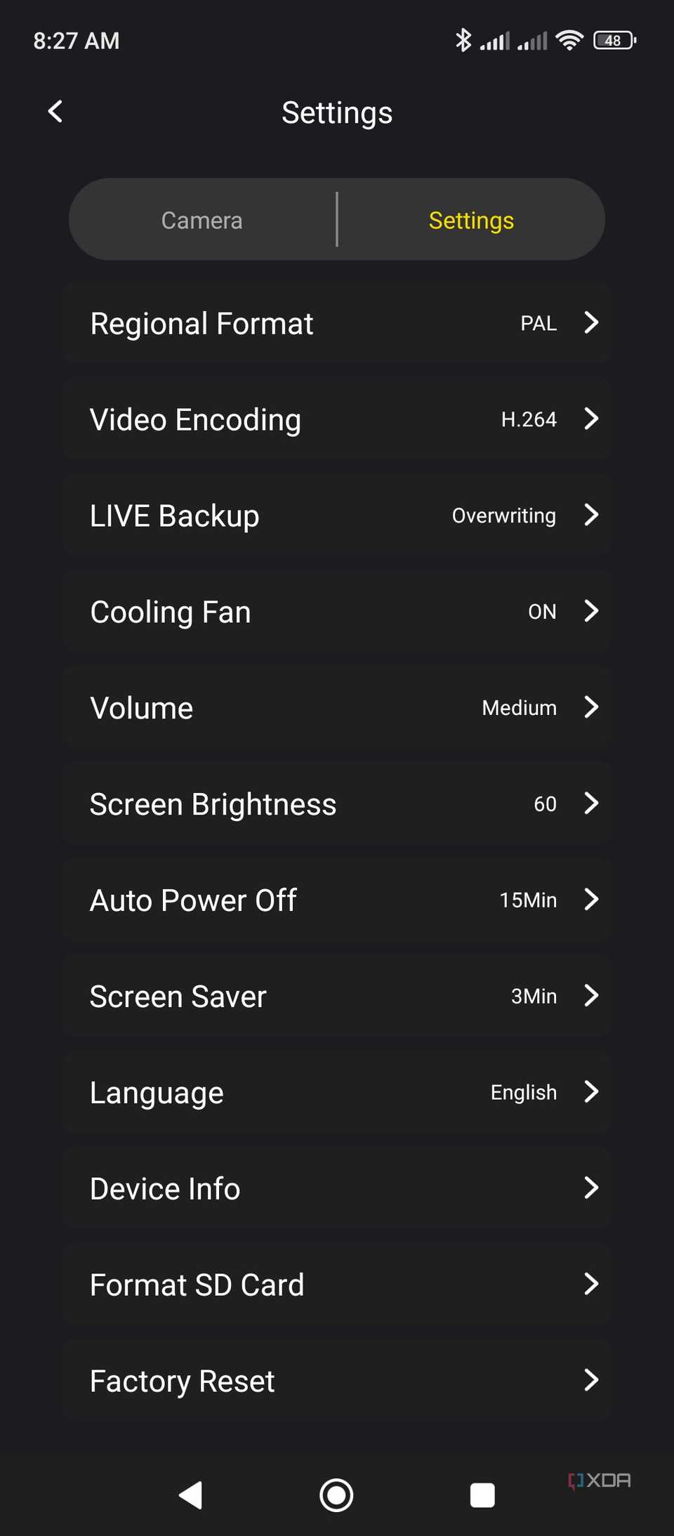 The Aicoco onAir app with the Advanced settings displayed