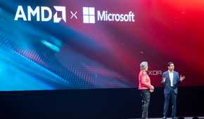 AMD x Microsoft on the screen, showing AMD's CEO and Microsoft