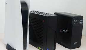 An image showing the size comparison of the G22CH with PS5 and a UPS.