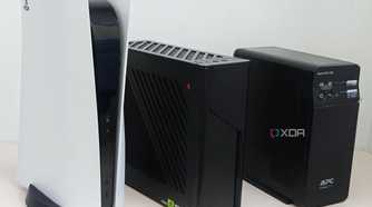 An image showing the size comparison of the G22CH with PS5 and a UPS.