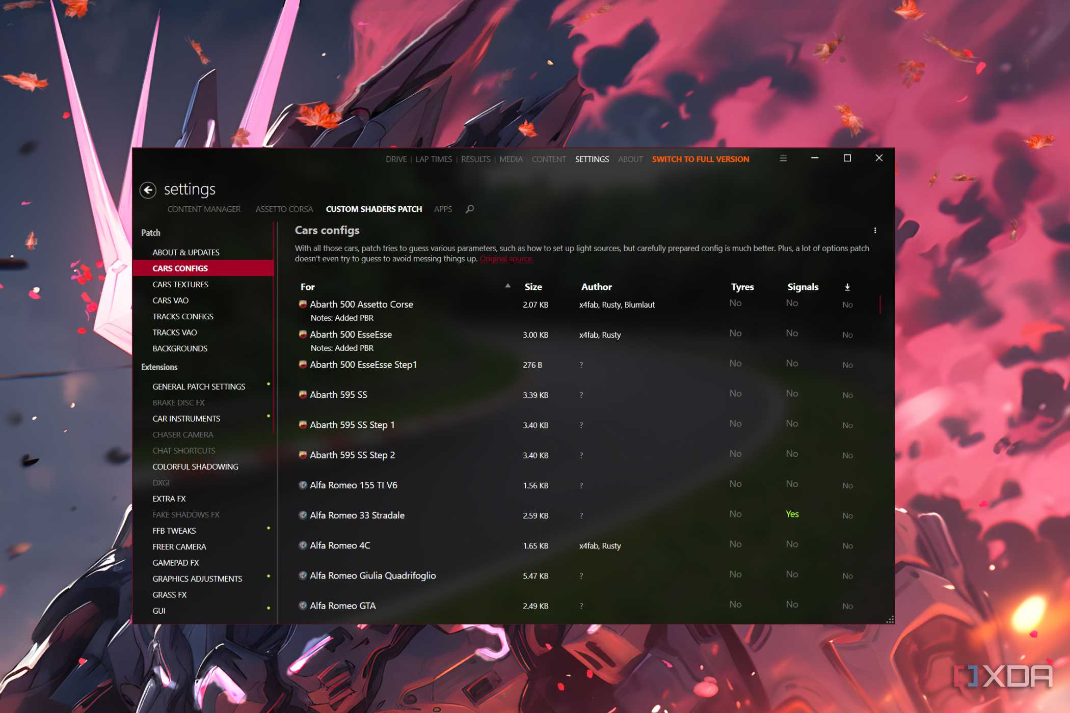 The Assetto Corsa Content Manager with the Car Configs tab open