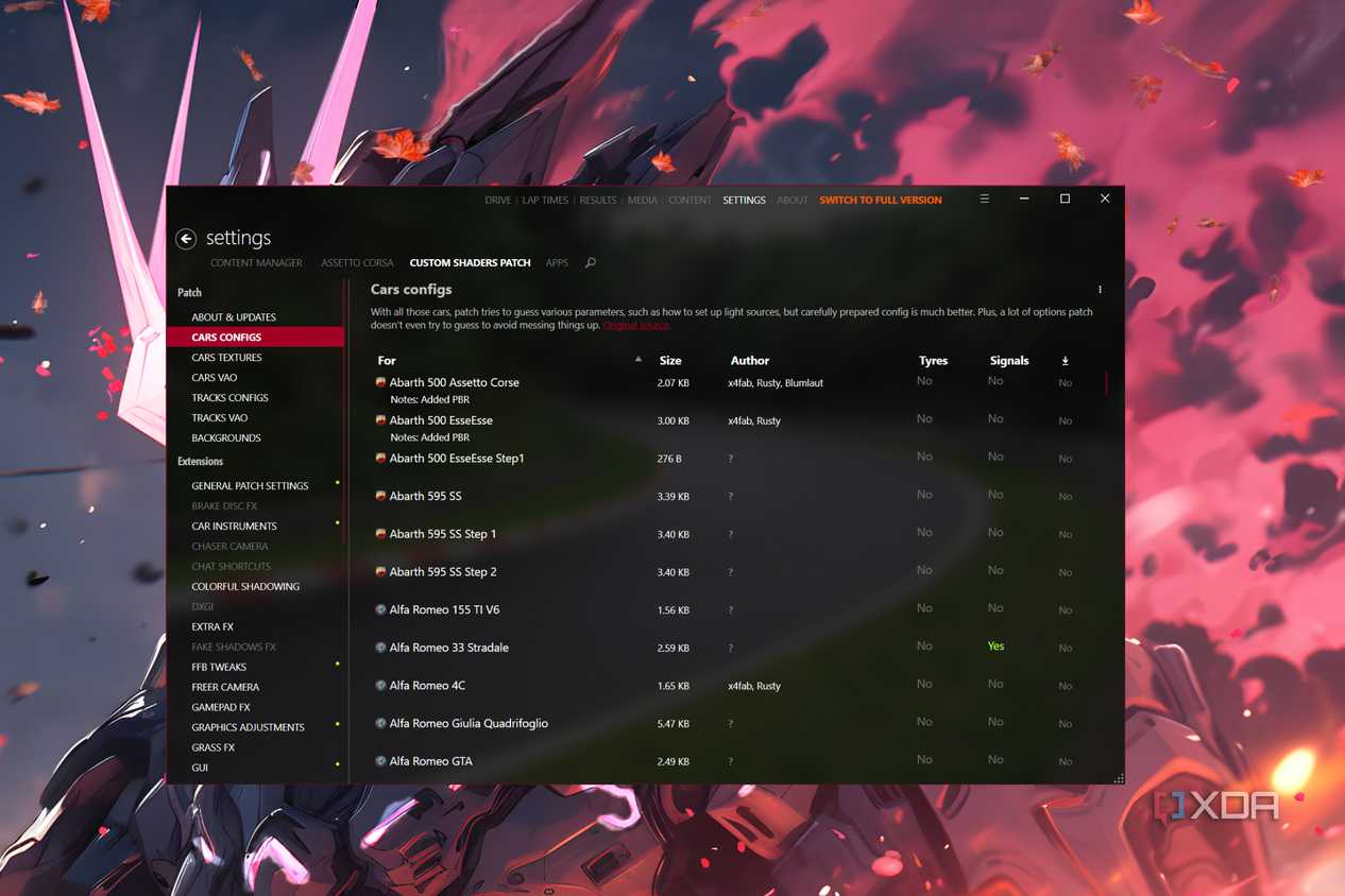 The Assetto Corsa Content Manager with the Car Configs tab open