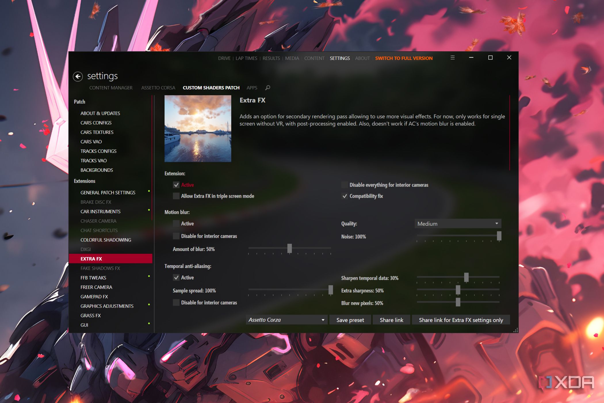 The Assetto Corsa Content Manager with the Extra FX tab open