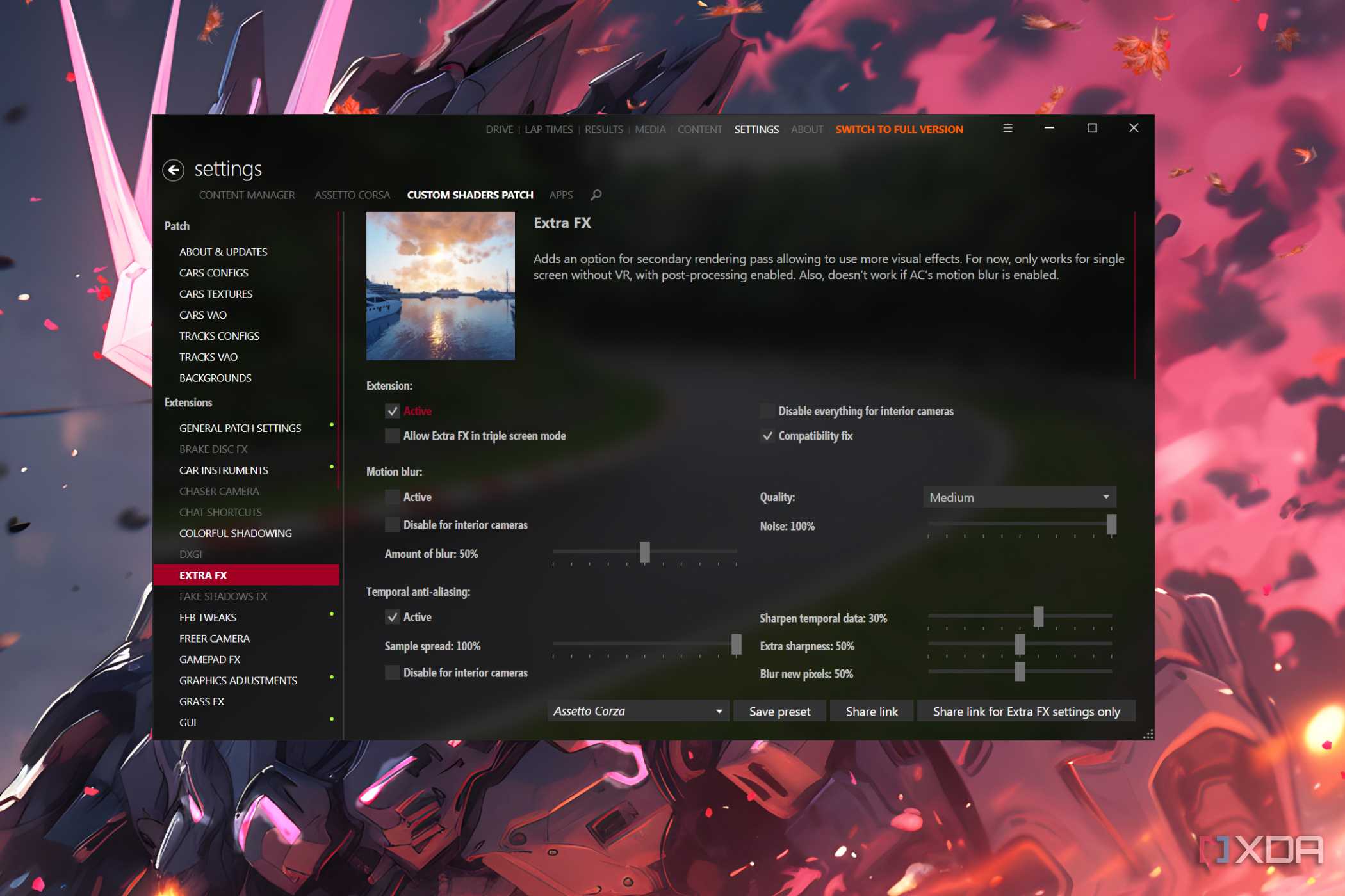 The Assetto Corsa Content Manager with the Extra FX tab open