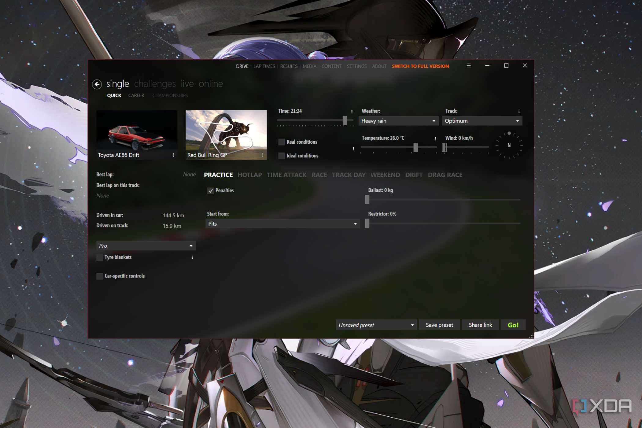 The Assetto Corsa Content Manager with the Drive menu open