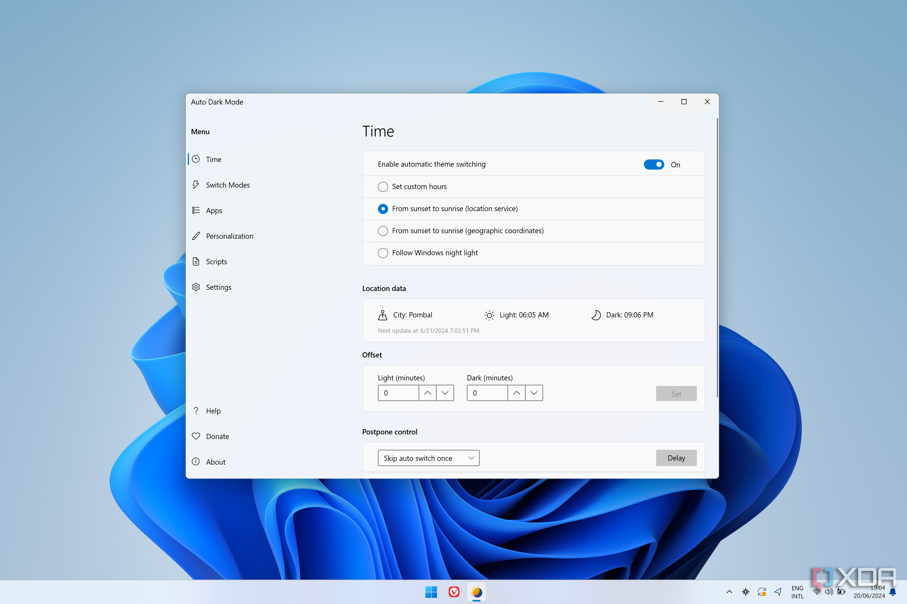 Screenshot of time settings in Auto Dark Mode