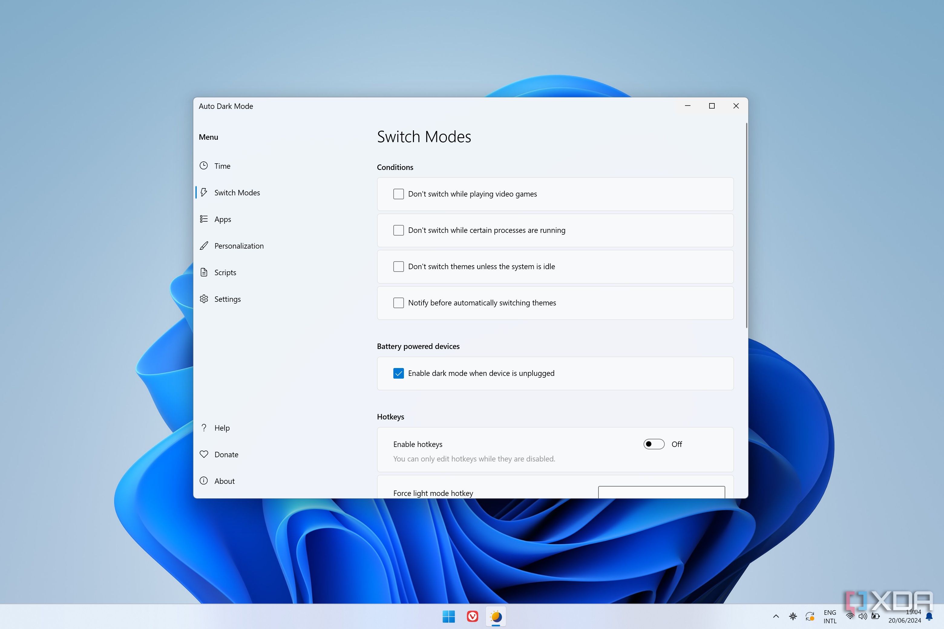 Screenshot of switch mode settings in Auto Dark Mode