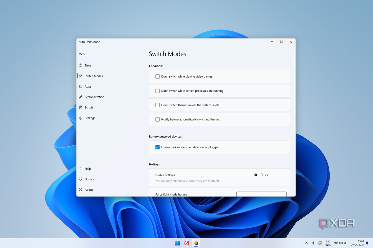 Screenshot of switch mode settings in Auto Dark Mode