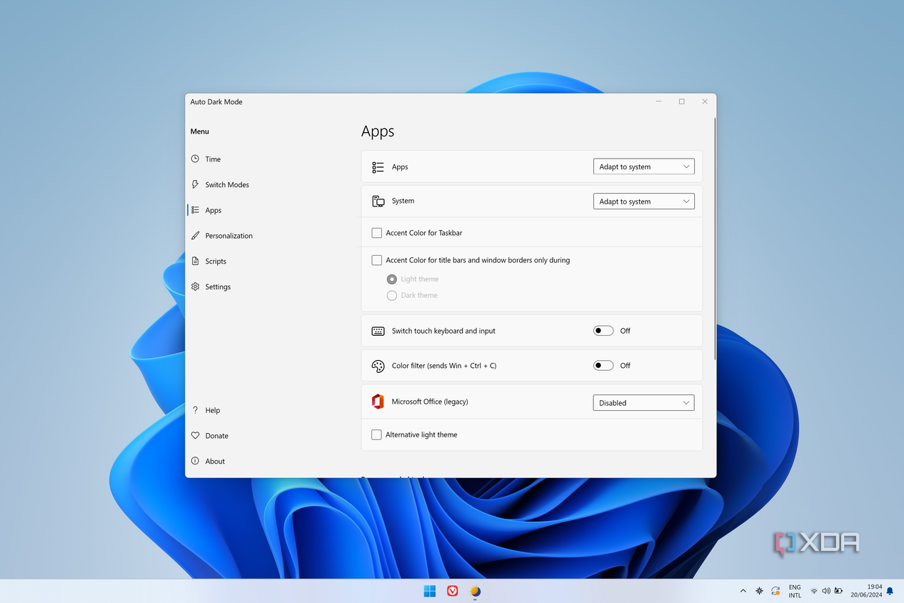 Screenshot of app settings in Auto Dark Mode