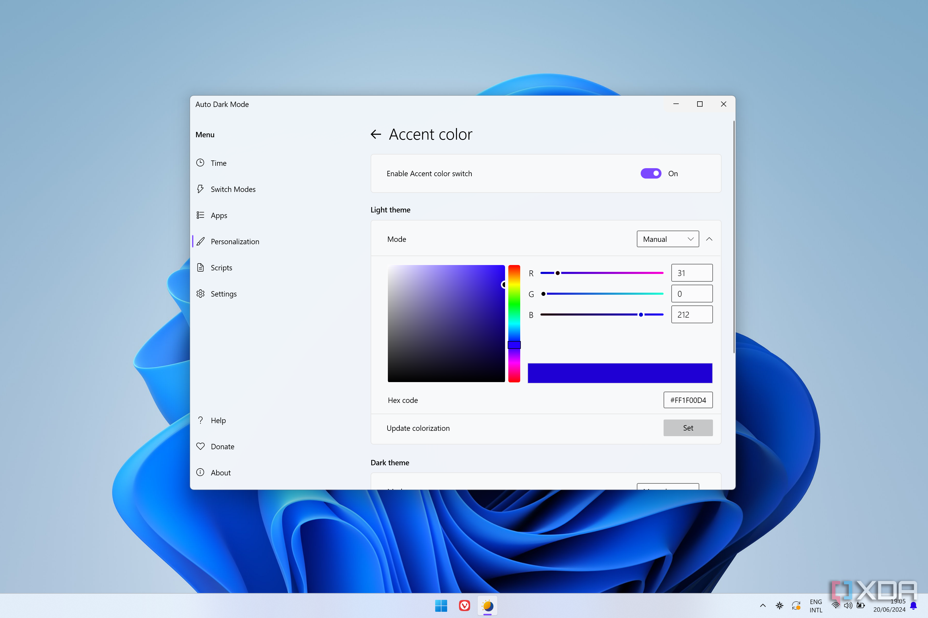 Screenshot of accent color settings in Auto Dark Mode