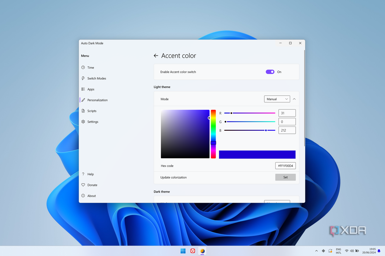Screenshot of accent color settings in Auto Dark Mode