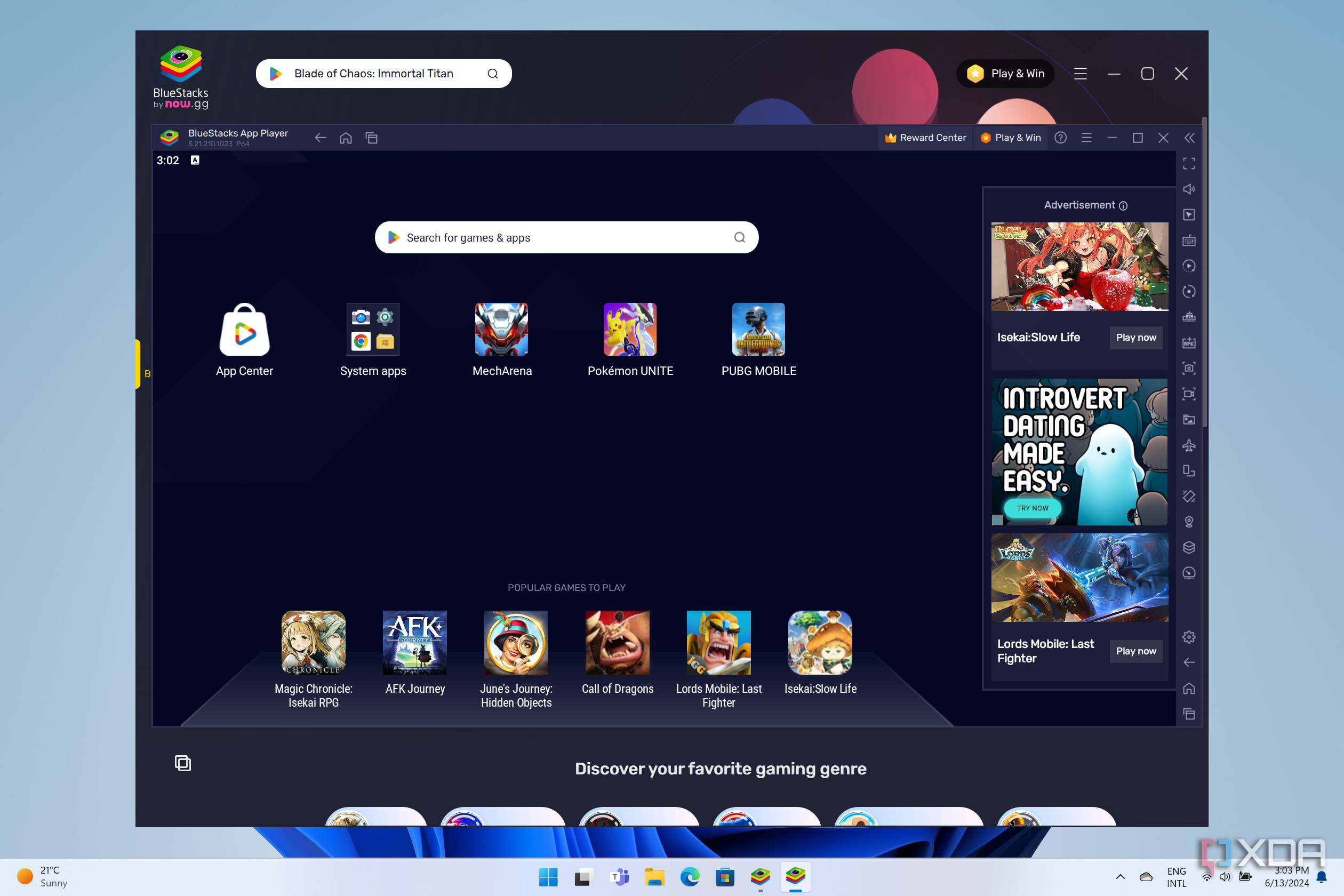 Android home screen in Bluestacks 10