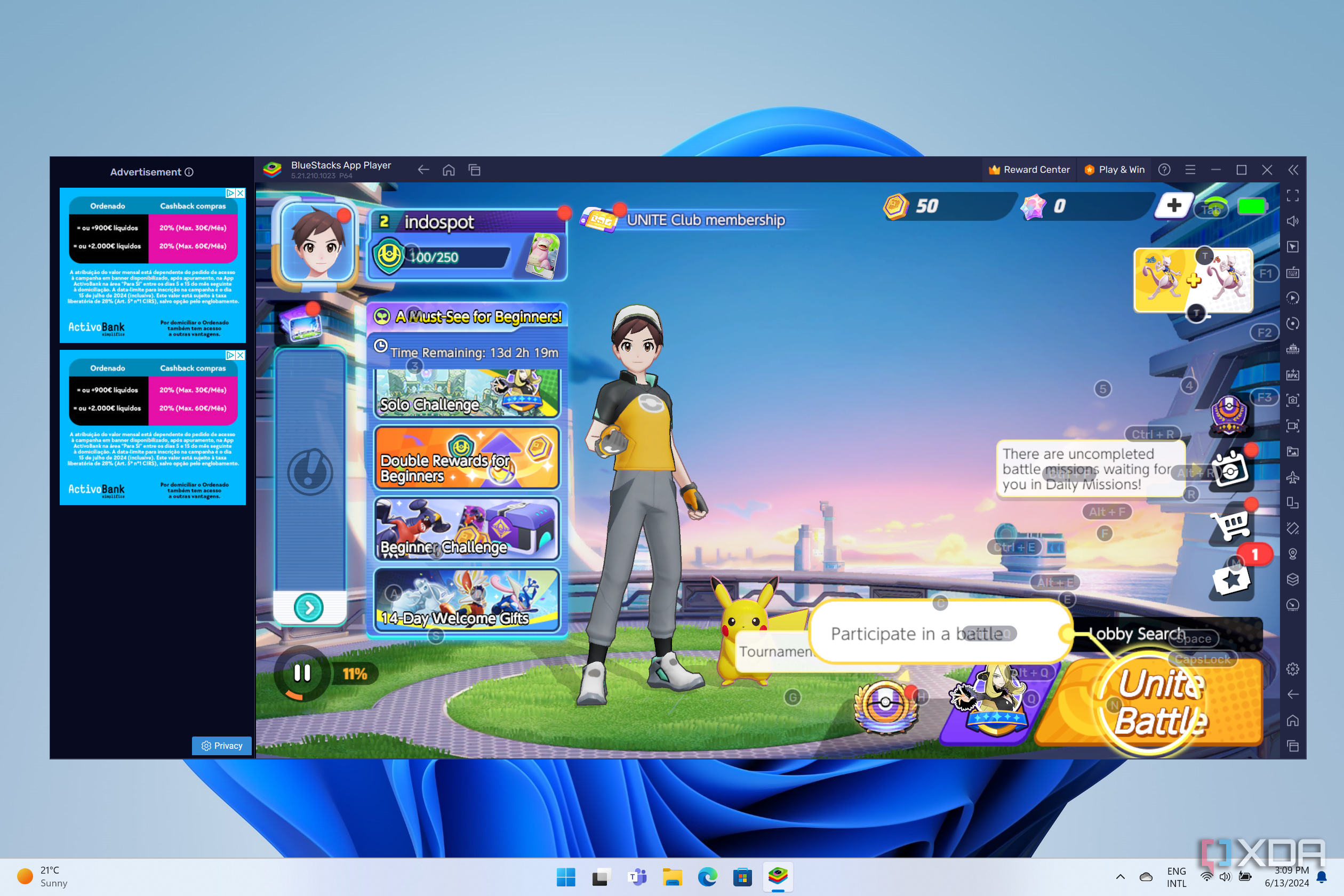 Screenshot of Bluestacks 10 running Pokémon Unite