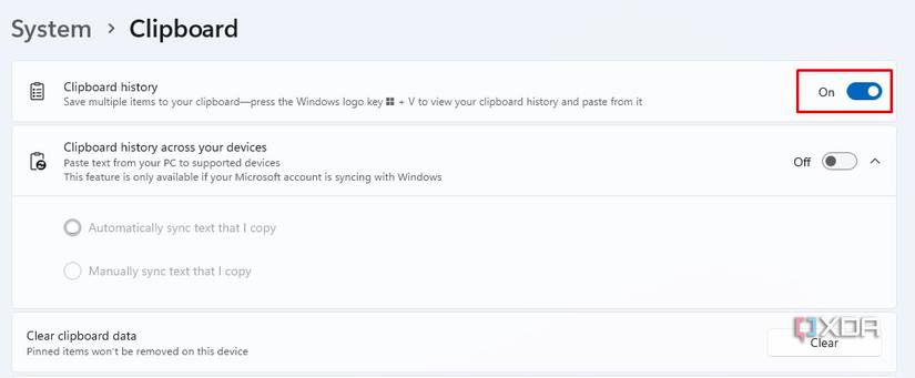 image showing clipboard history on in settings app