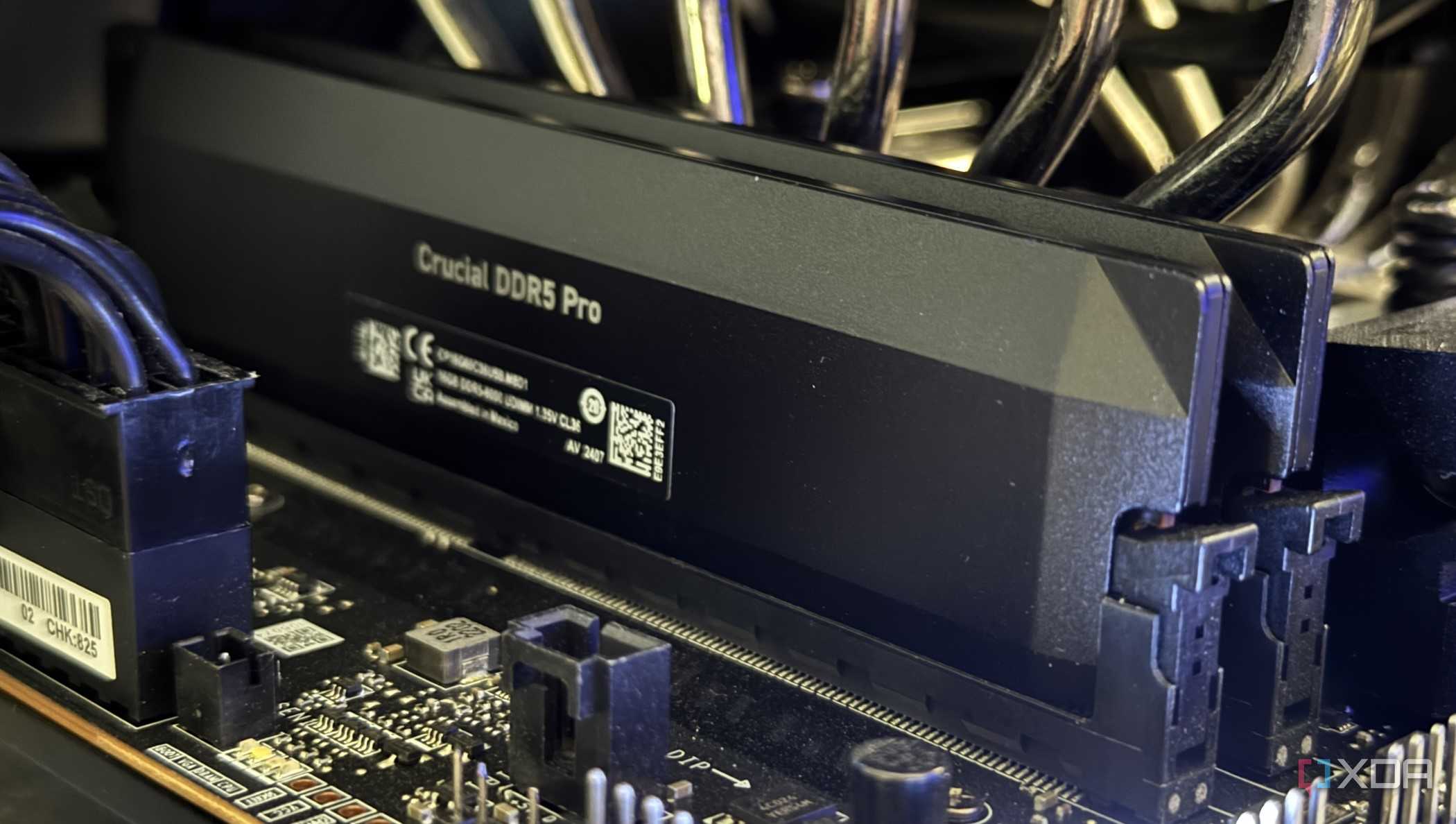 crucial pro overclocking ddr5 installed on a motherboard seen from close up