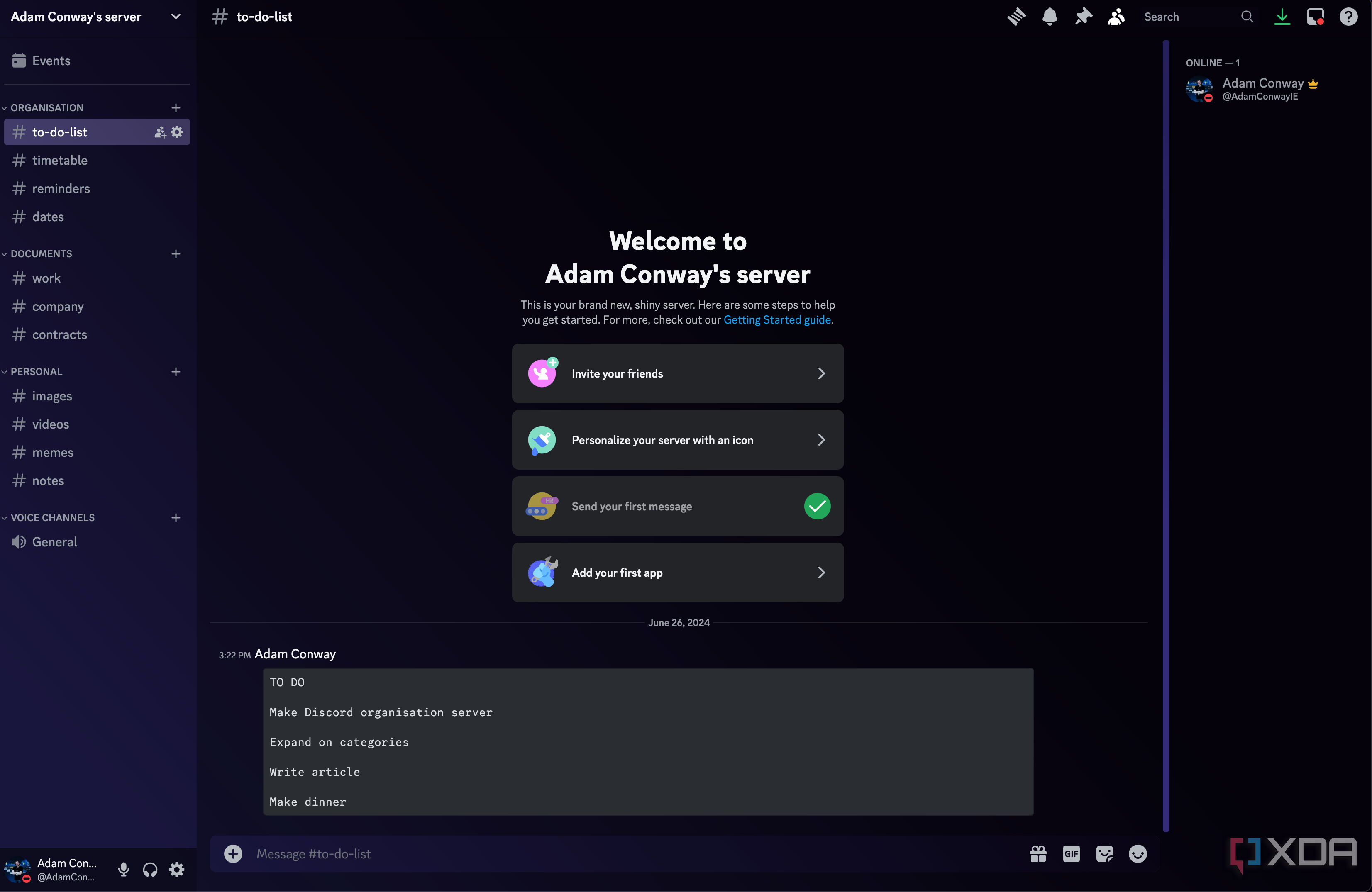 Making 'Adam Conway's server' in Discord and sharing a TO DO list