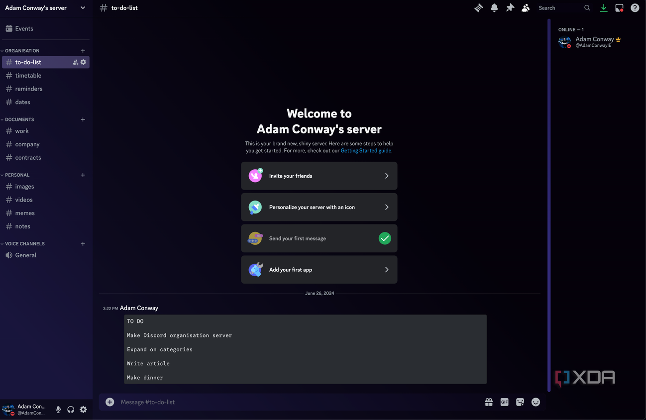 Making 'Adam Conway's server' in Discord and sharing a TO DO list