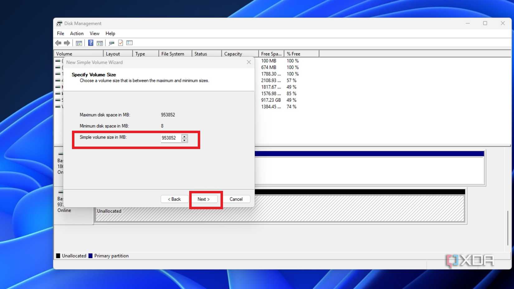 screenshot of disk management showing the simple partition tool creating a partition
