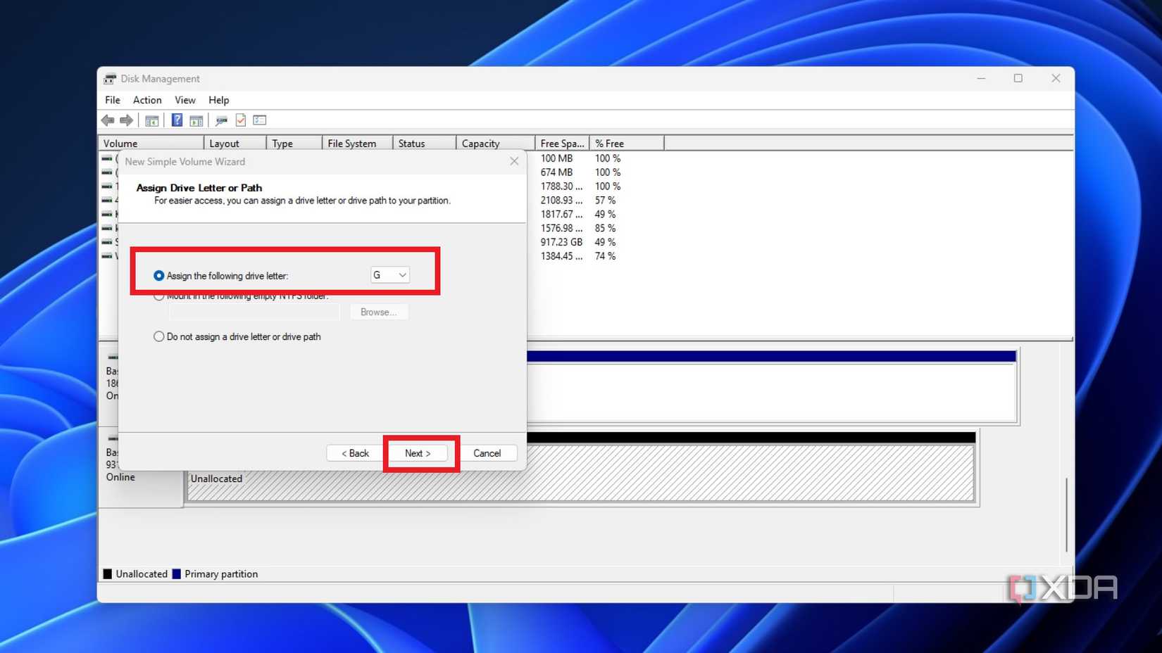 screenshot of disk management showing the assigning of a drive letter to a new partition