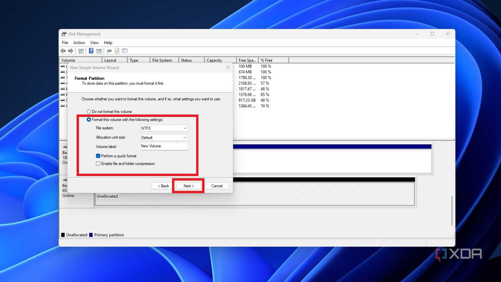 screenshot of disk management showing the last step of creating a new partition