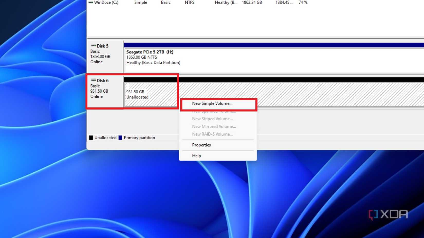 screenshot of disk management showing the new simple volume option