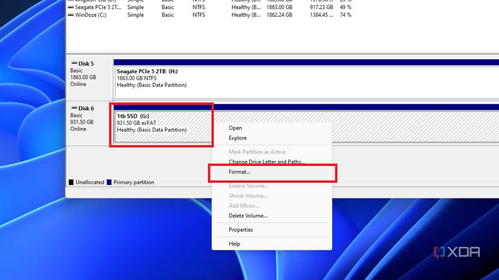 screenshot of disk management with the option to format the drive highlighted