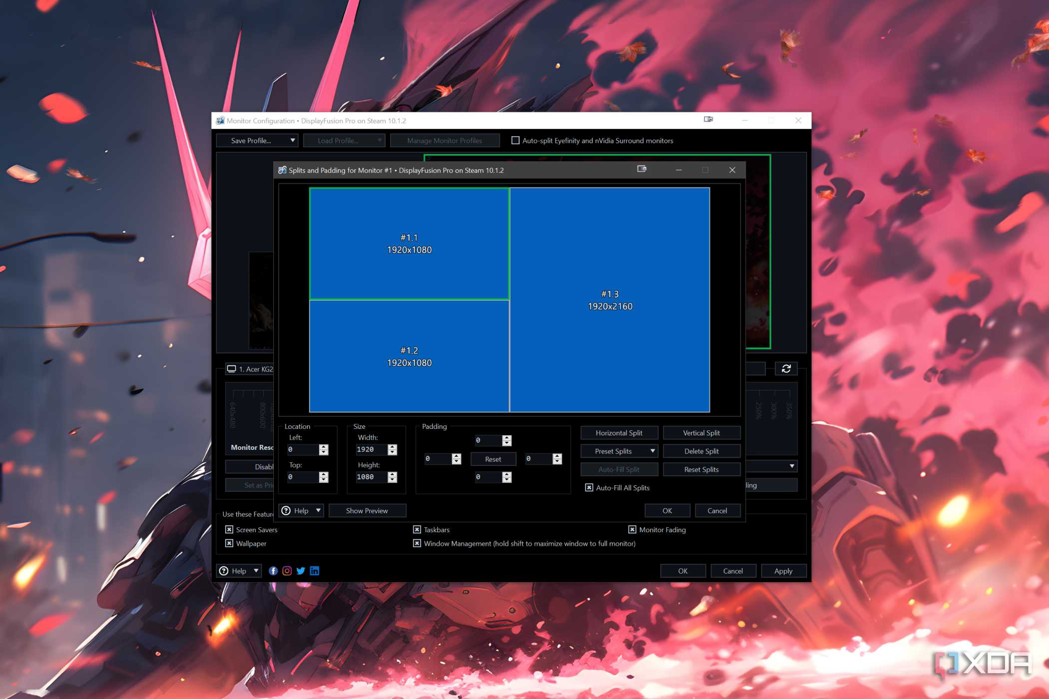 A screenshot of DisplayFusion depicting the Screen Splitting facility