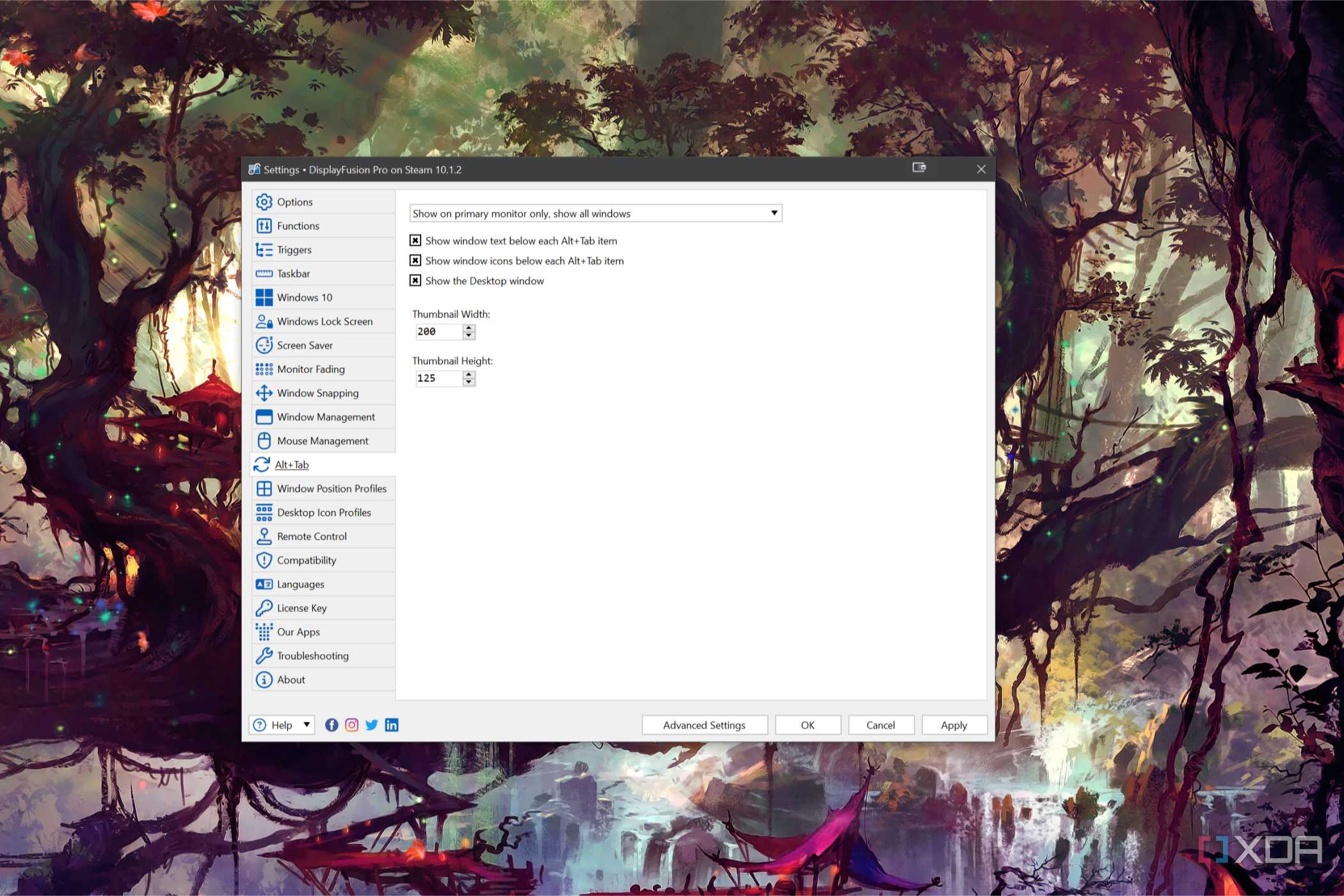 A screenshot of DisplayFusion