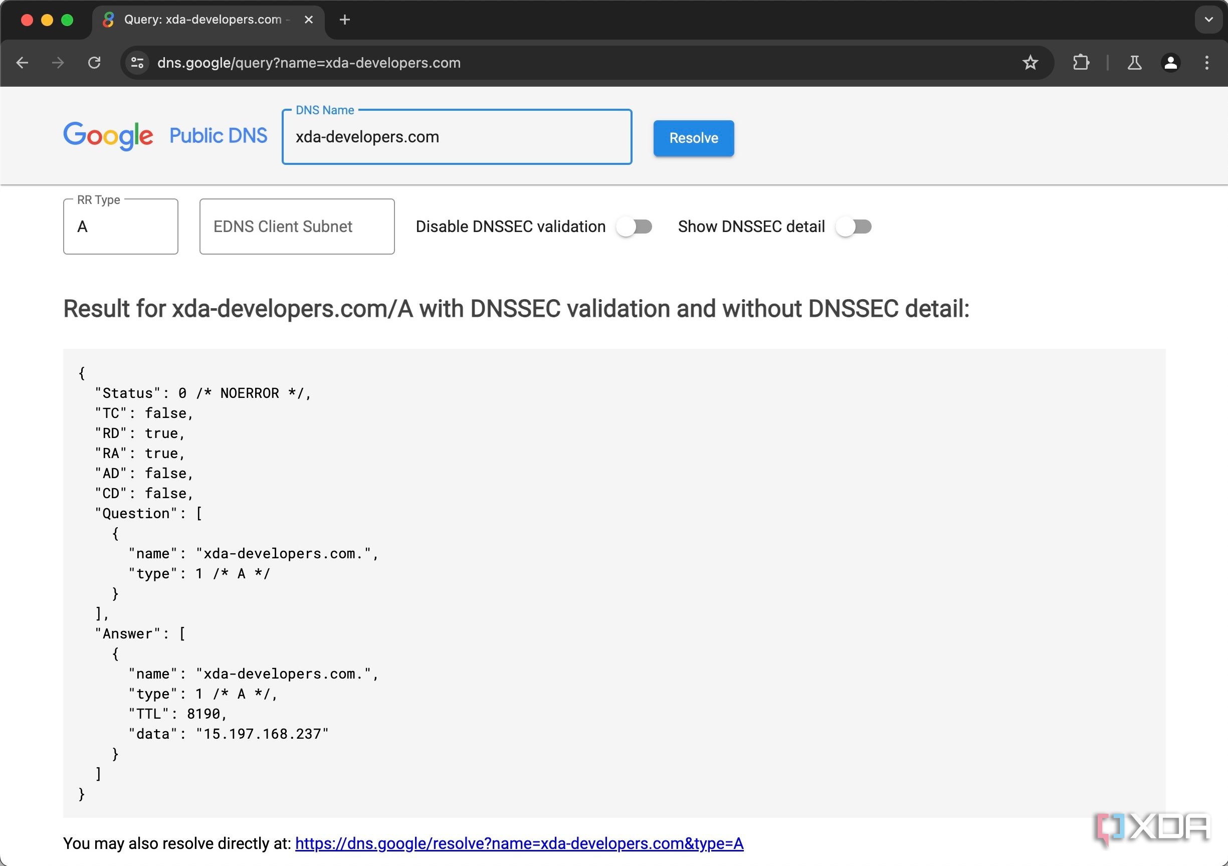 DNS lookup for XDA on Google's public DNS Jun 6 2024