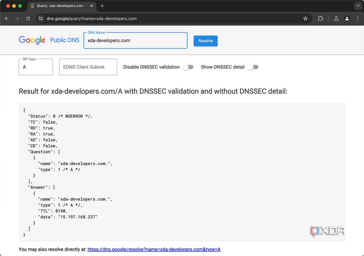 DNS lookup for XDA on Google's public DNS Jun 6 2024