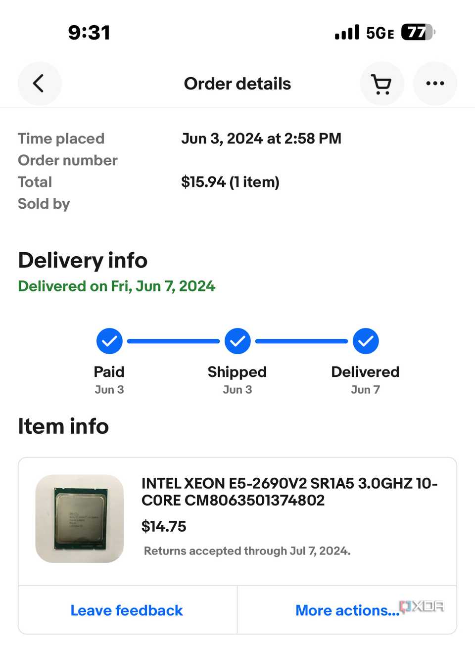 A screenshot of my eBay order confirmation.