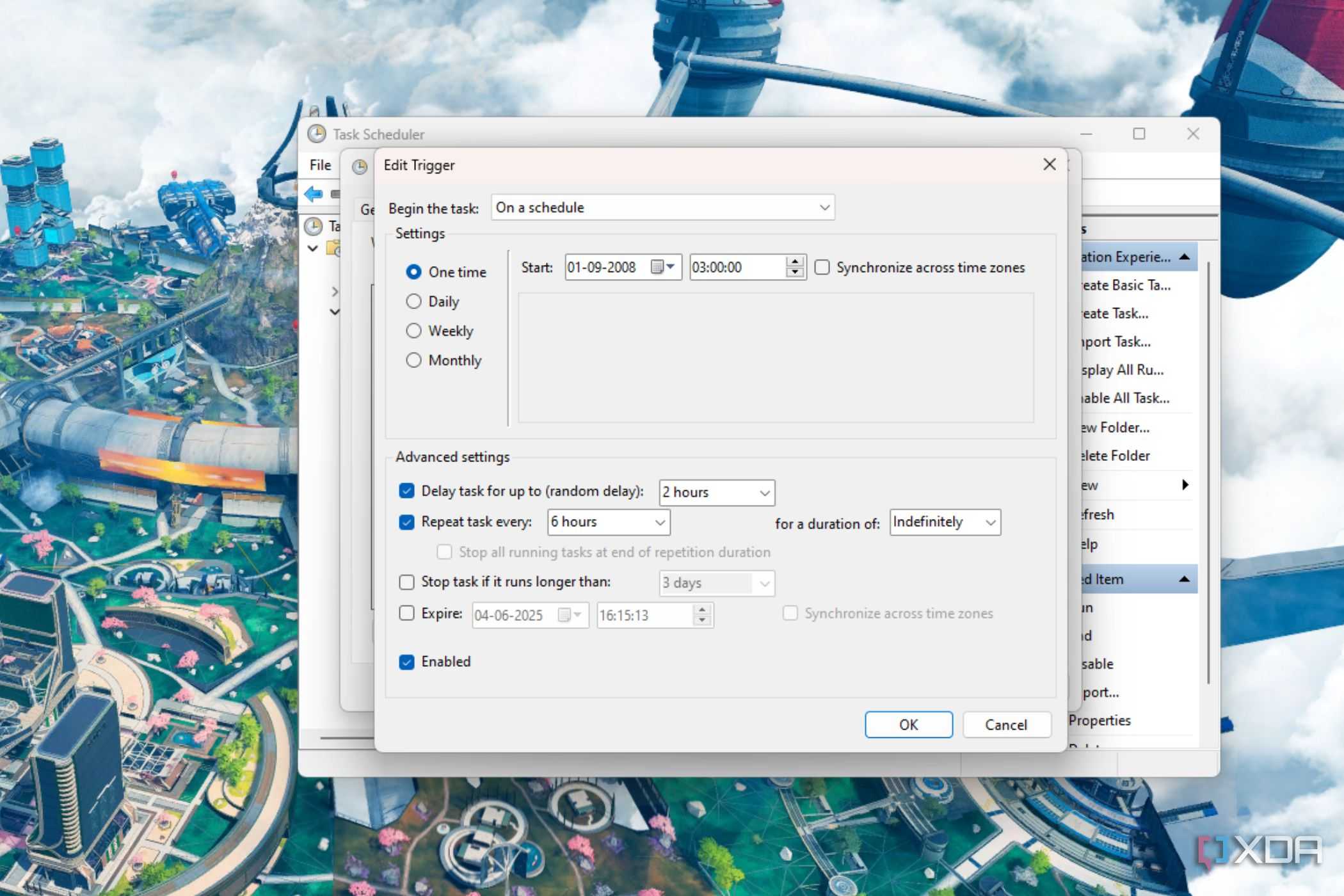 A screenshot showing the edit trigger window in Windows Task Scheduler.