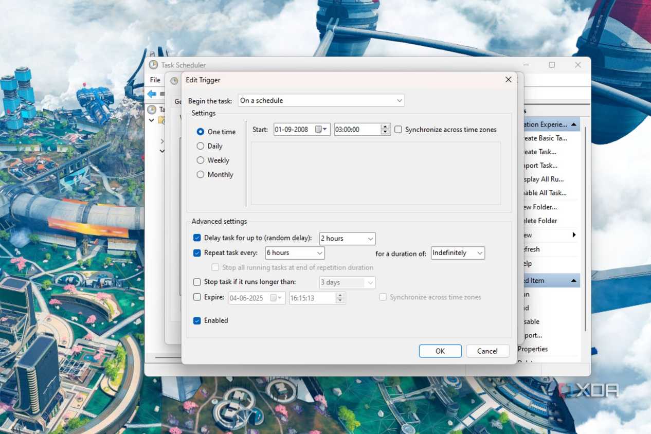 A screenshot showing the edit trigger window in Windows Task Scheduler.