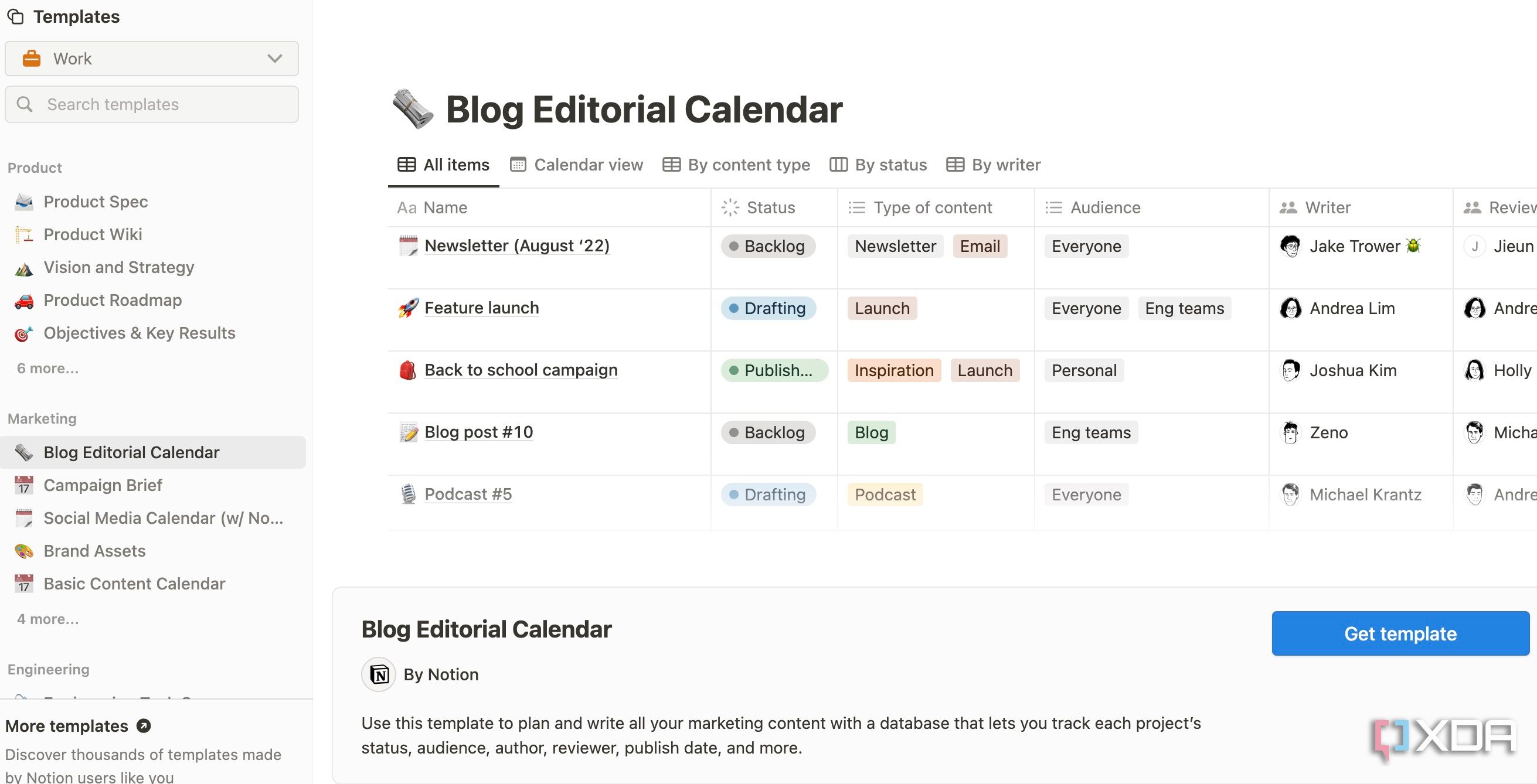 A screenshot showing Notion templates