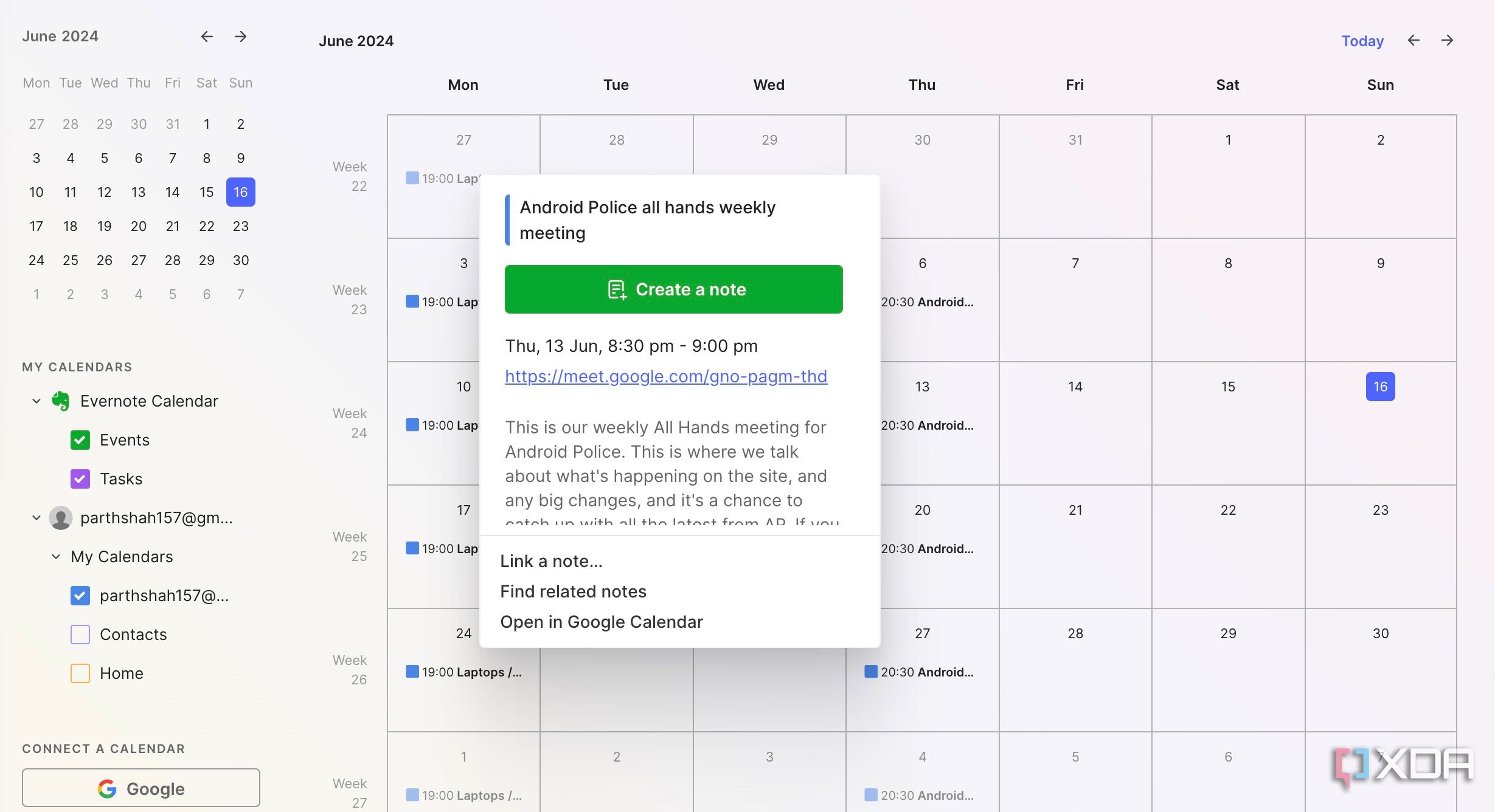 Calendar integration in Evernote