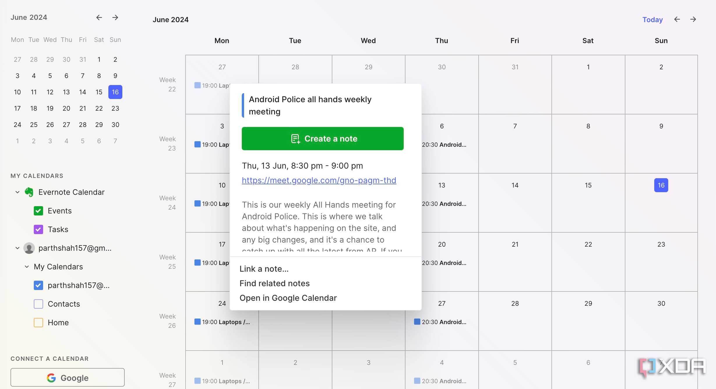 Calendar integration in Evernote