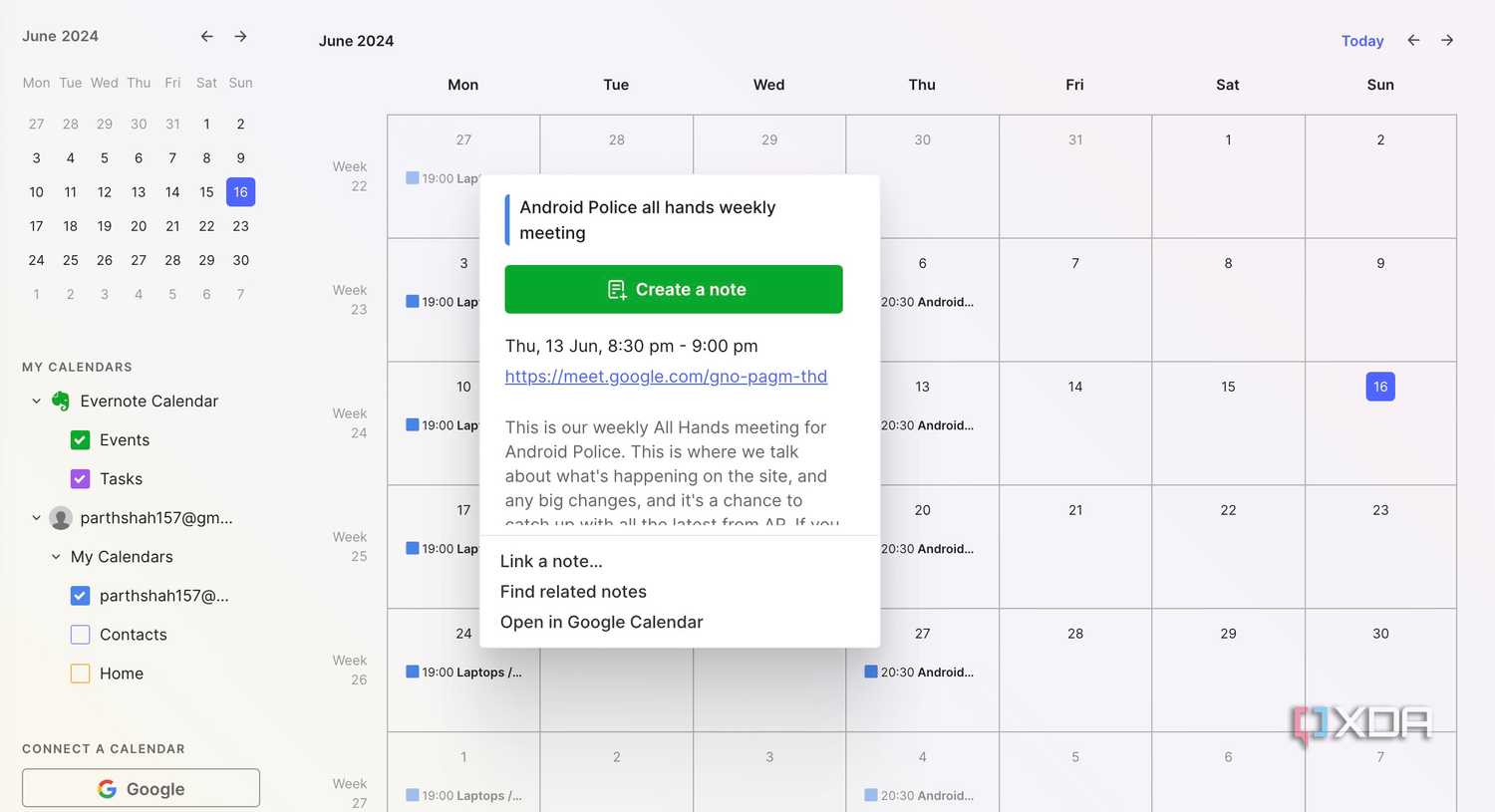Calendar integration in Evernote
