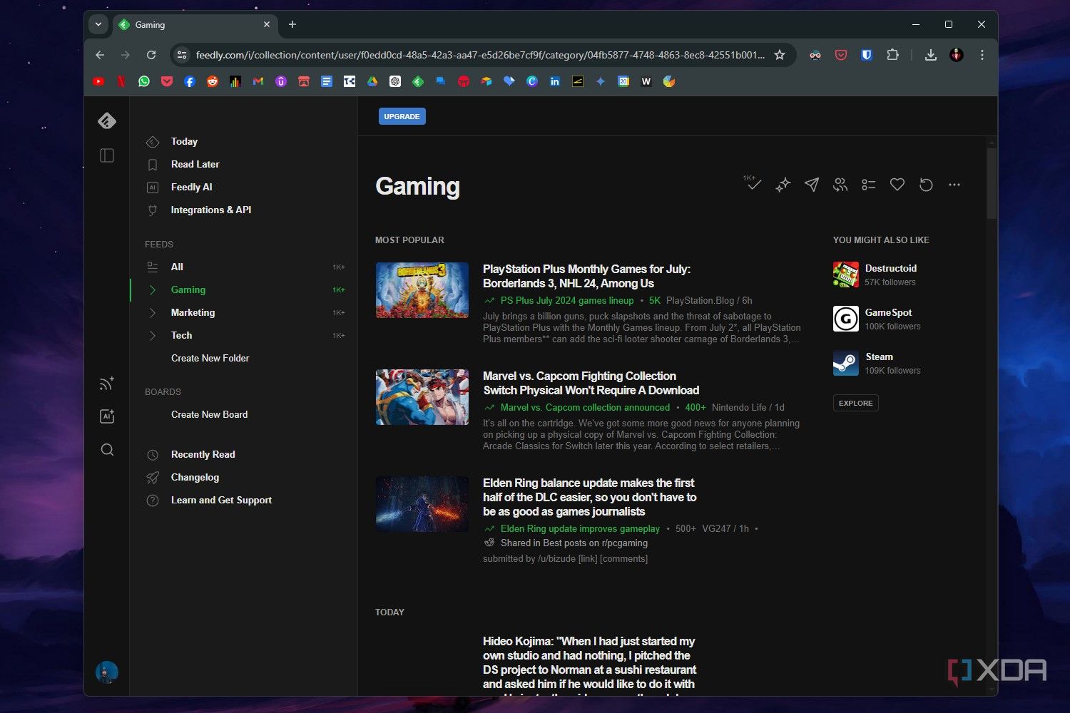 Feedly web page screenshot that shows a Gaming feed.
