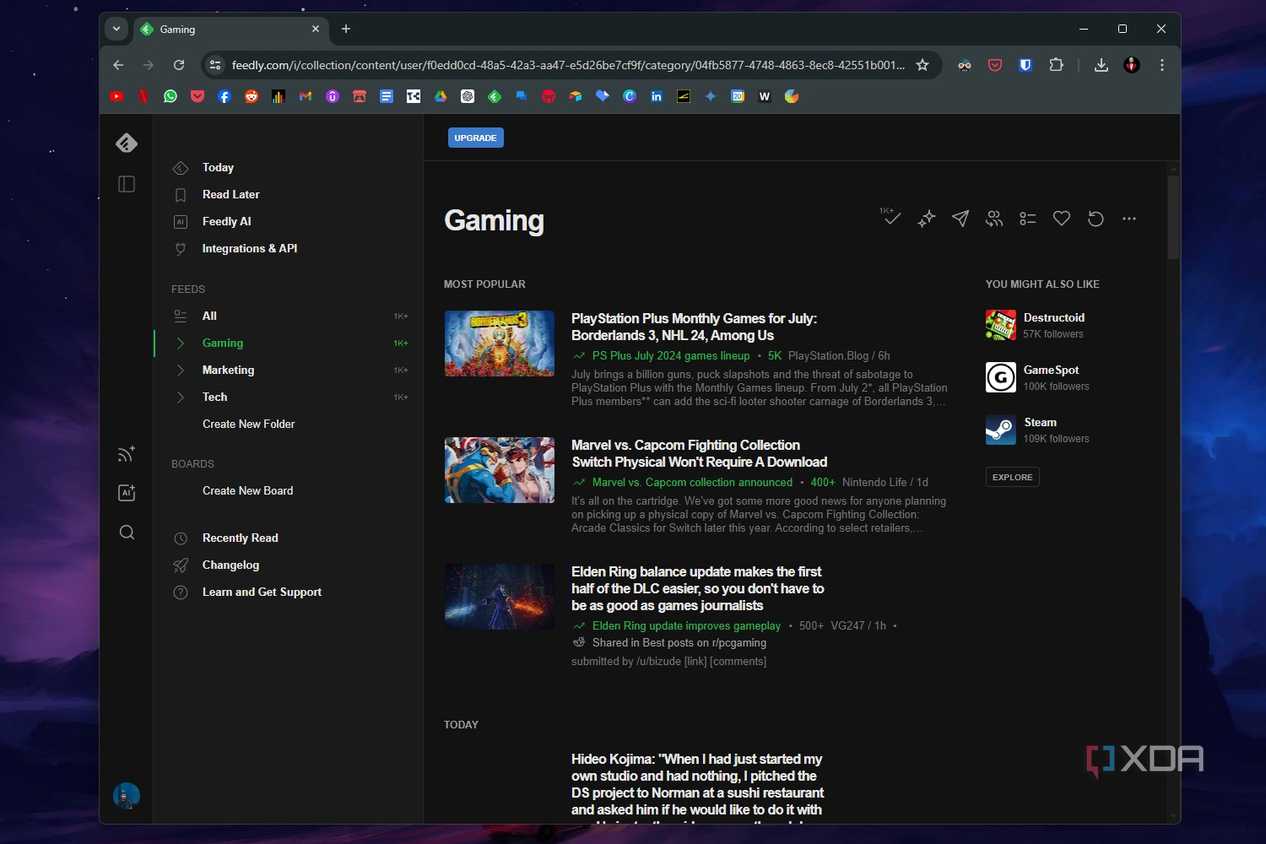 Feedly web page screenshot that shows a Gaming feed.