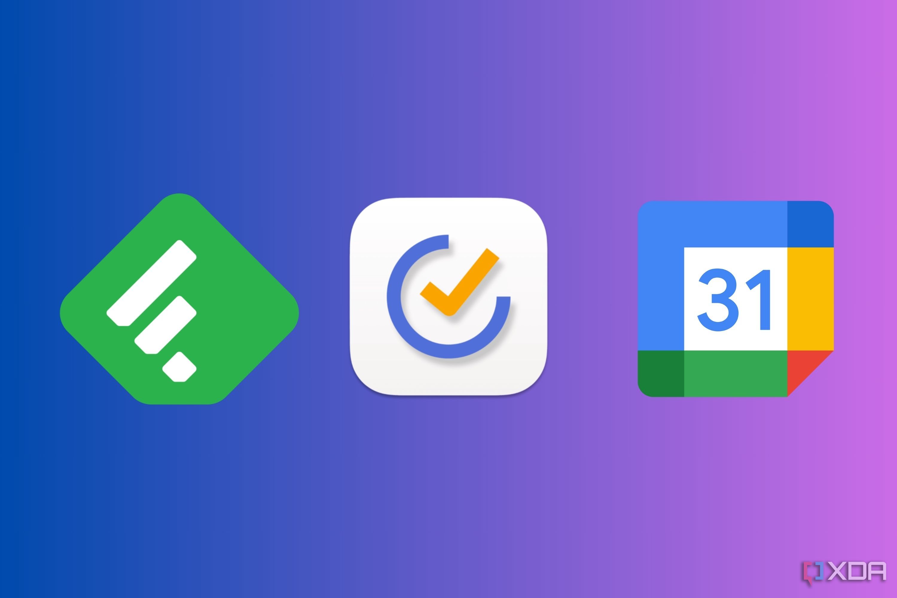 Logotipos de Feedly, TickTick y Google Calendar con fondo degradado